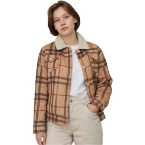 Classic Plaid Sherpa-Collar Jacket – Tan / Brown / Red Check- Small